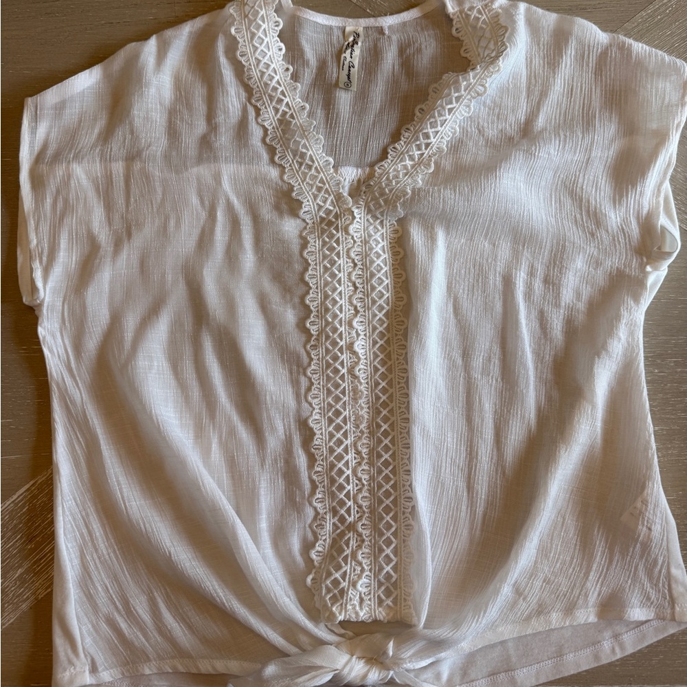 PerSeption Concept White Lace-Trim V-Neck Tie-Front Blouse